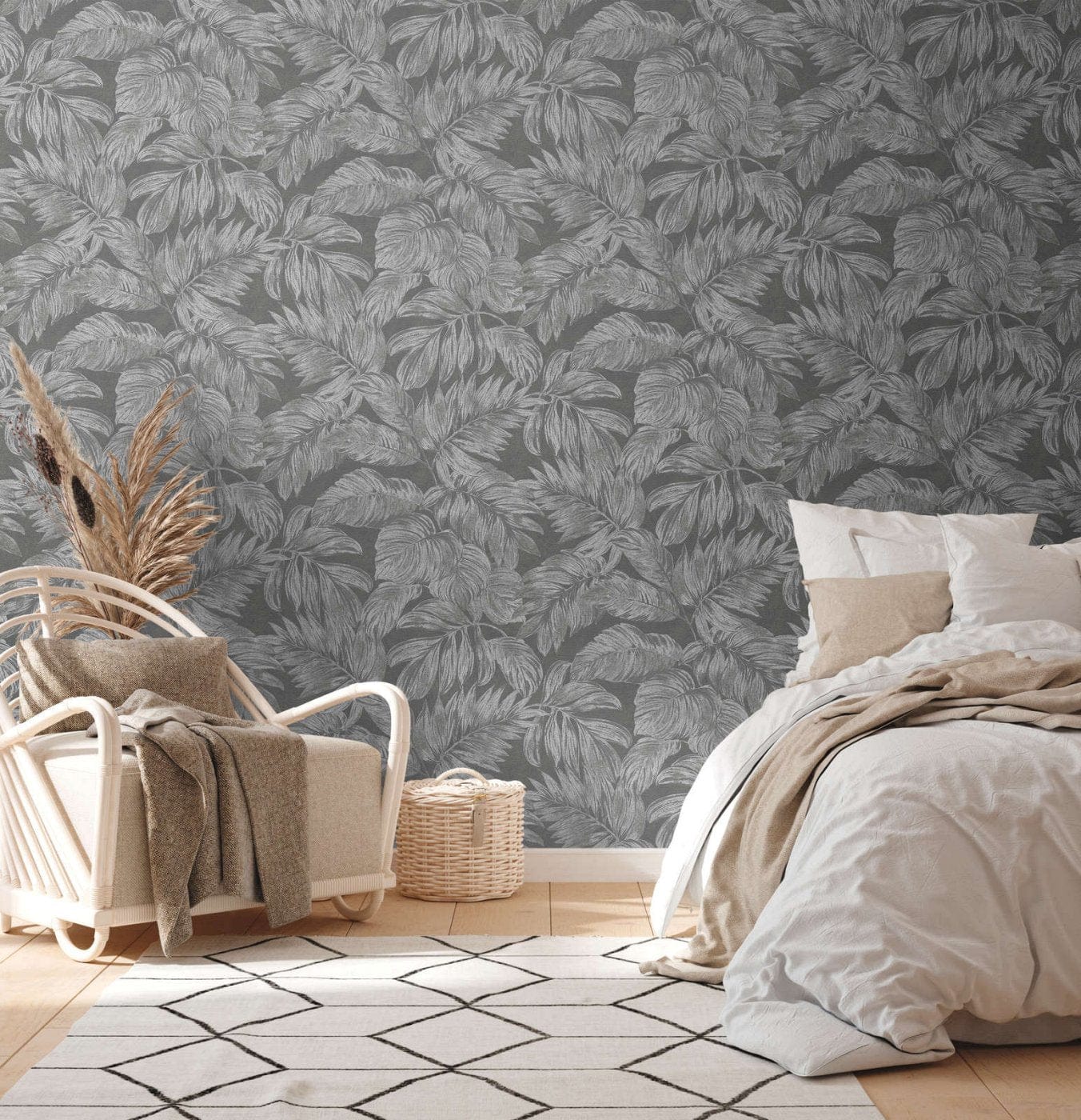 Tapetes ar džungļu rakstu — antracīta, pelēka, sudraba - 393404 AS Creation