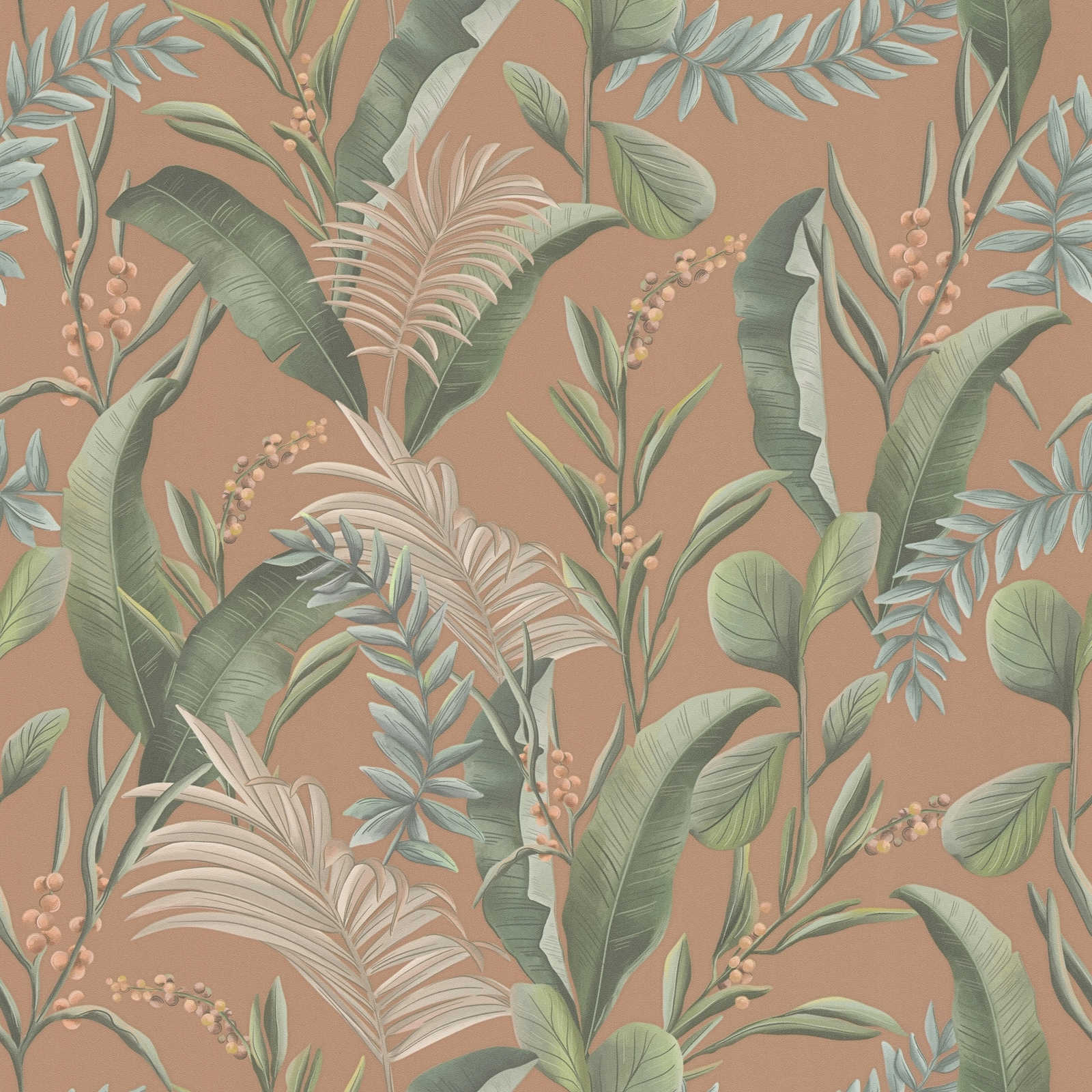 Tapetes ar eksotiskam lapām, matētas: oranžā, zaļā, 394362 AS Creation