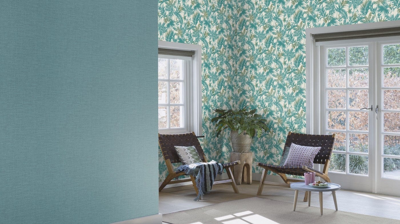 Tapetes ar eksotiskam lapām tirkīzā krāsā - RASCH 2537160 RASCH