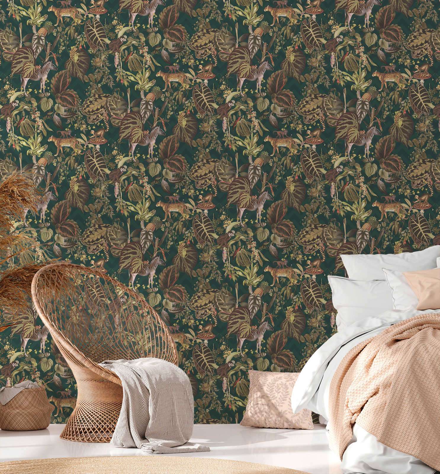 Tapetes ar eksotiskiem putniem un dzīvniekiem, zaļā krāsā 379902 Tapetenshop.lv