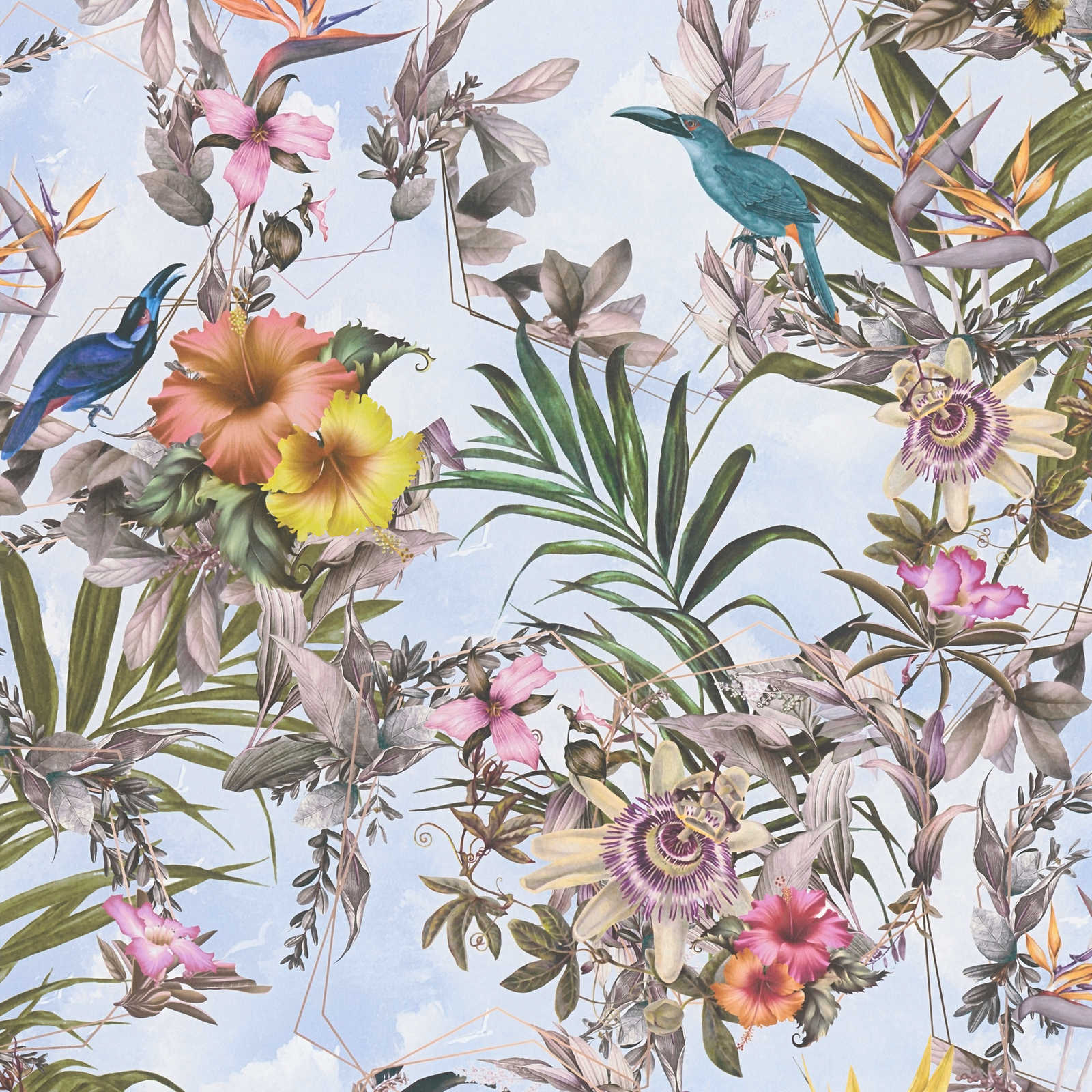 Tapetes ar eksotiskiem ziediem un putniem gaiši zilos toņos - 1351530 AS Creation
