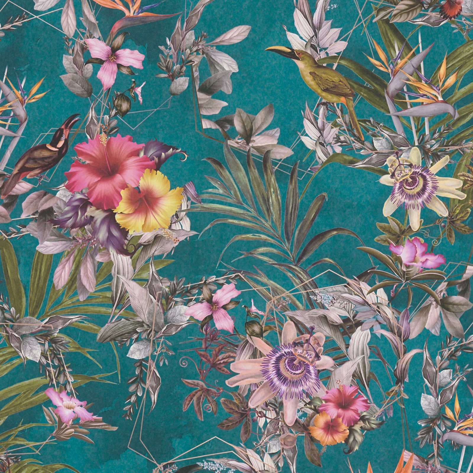 Tapetes ar eksotiskiem ziediem un putniem tirkīzā toņos - 1351527 AS Creation
