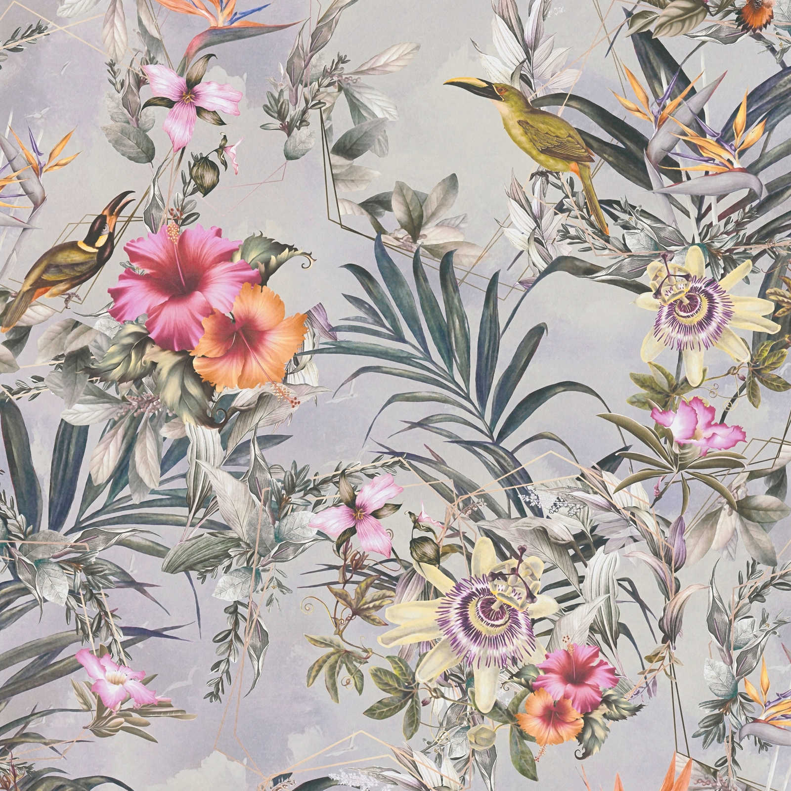 Tapetes ar eksotiskiem ziediem un putniem uz pelēka fona - 1351526 AS Creation
