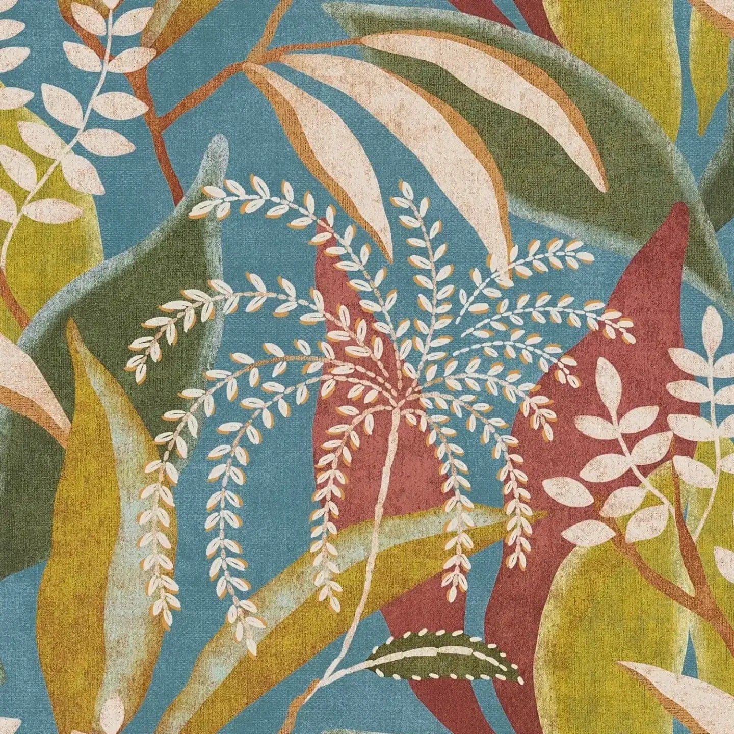 Detalizēts skats: zilas un sarkanas tapetes ar eksotisku augu reljefu. SKU: 3012467, AS Creation.