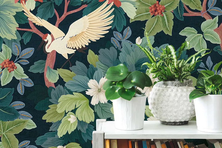 Tapetes ar eksotisku lapu un putnu motīvu,  | zila, zaļa - 3012466 AS Creation