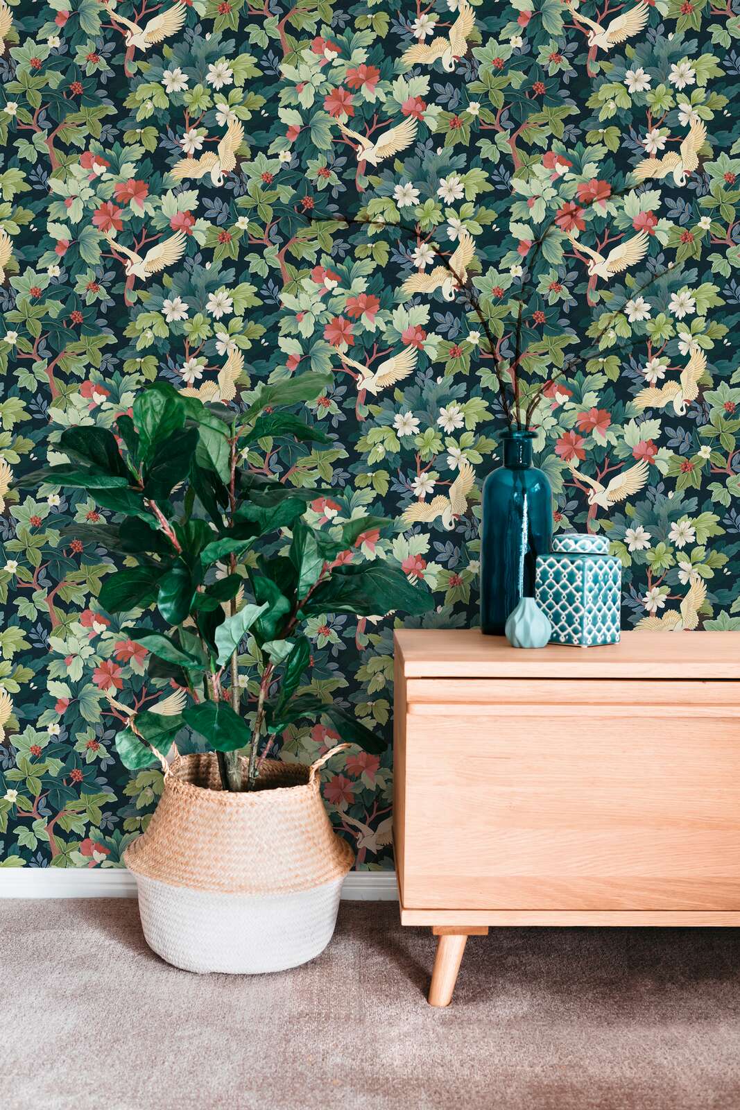 Tapetes ar eksotisku lapu un putnu motīvu,  | zila, zaļa - 3012466 AS Creation
