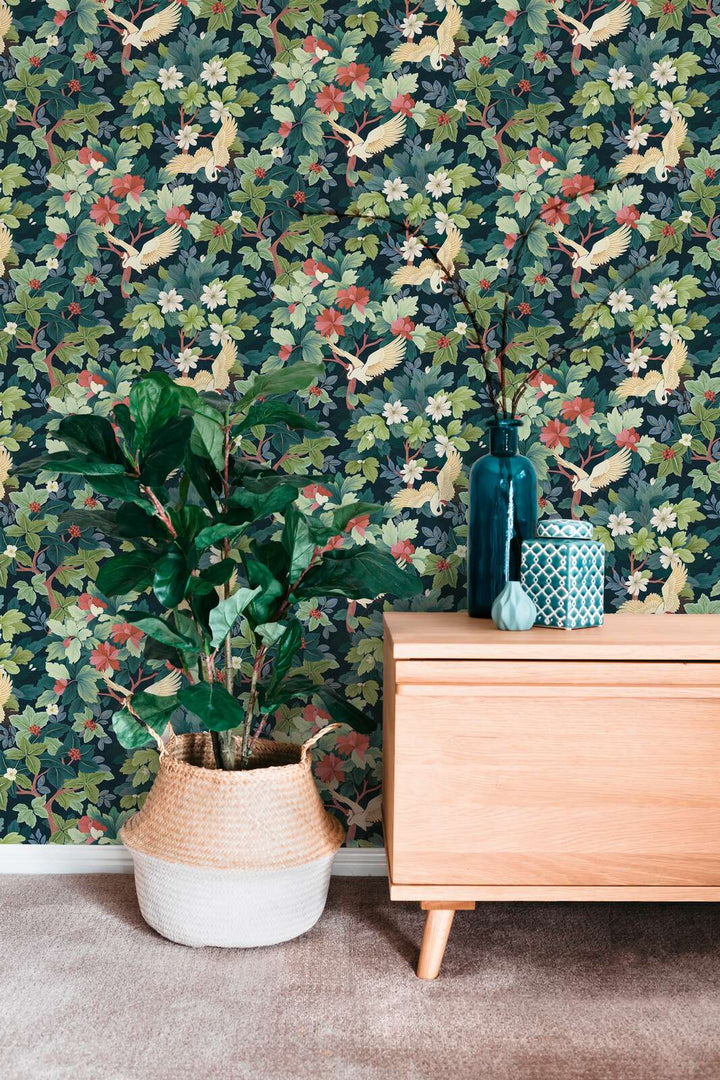 Tapetes ar eksotisku lapu un putnu motīvu,  | zila, zaļa - 3012466 AS Creation