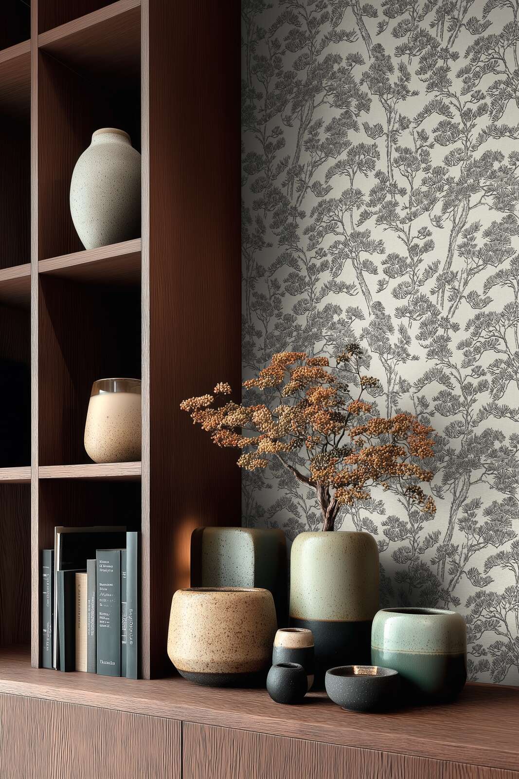 Black and white wallpaper with elegant tree tops in a modern and bright living room. SKU: 3006777, AS Creation.
