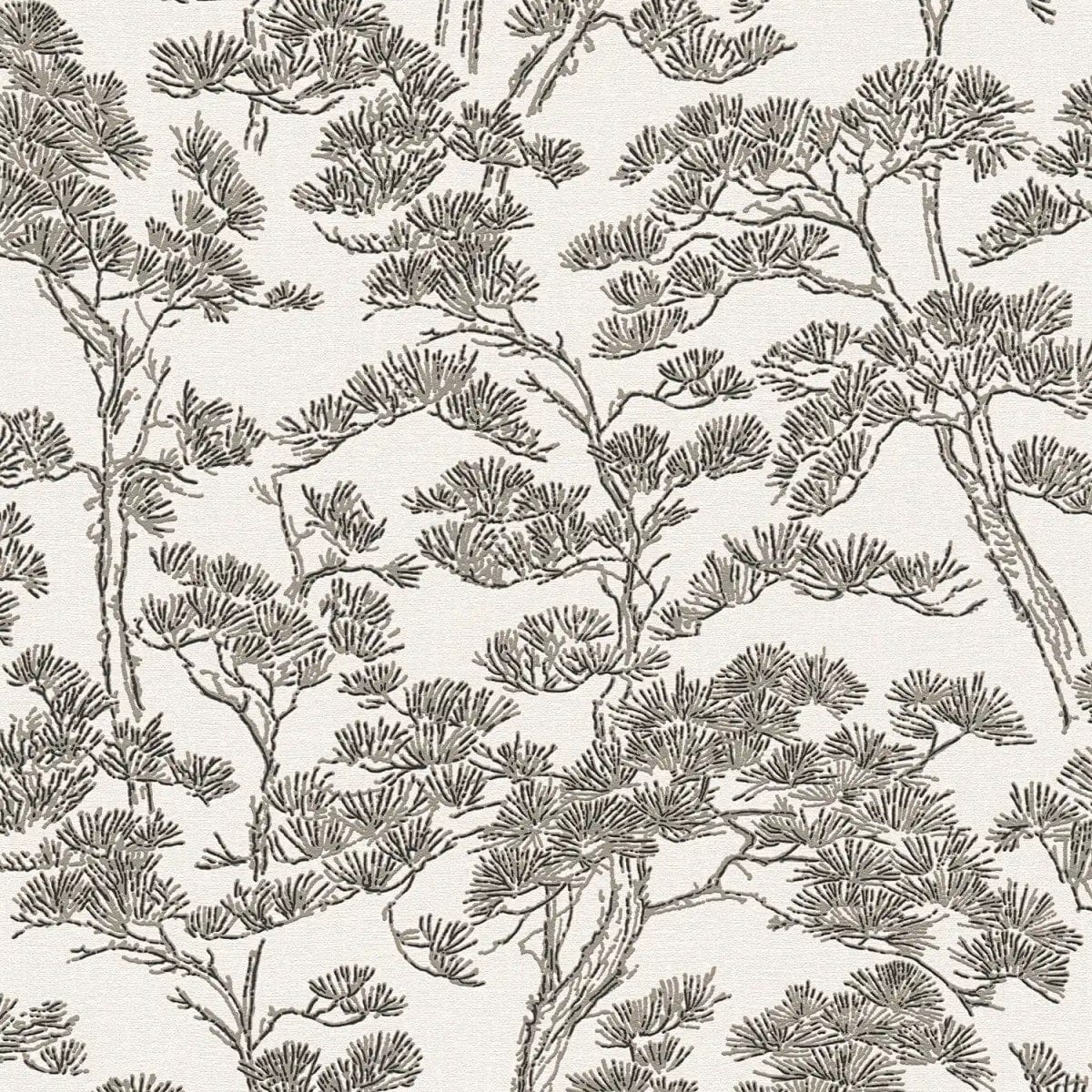Close-up: black and white wallpaper with tree tops and subtle surface texture. SKU: 3006777, AS Creation.