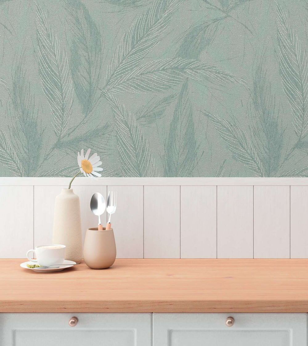 Zaļas tapetes ar filigrānām spalvām (3010665) AS Creation