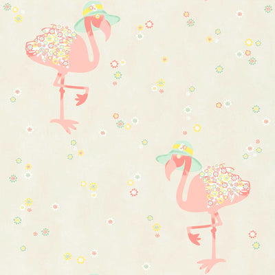Tapetes ar flamingo un ziedu rakstu - bēšā, rozā krāsā 1304637 (BEZ PVC) AS Creation