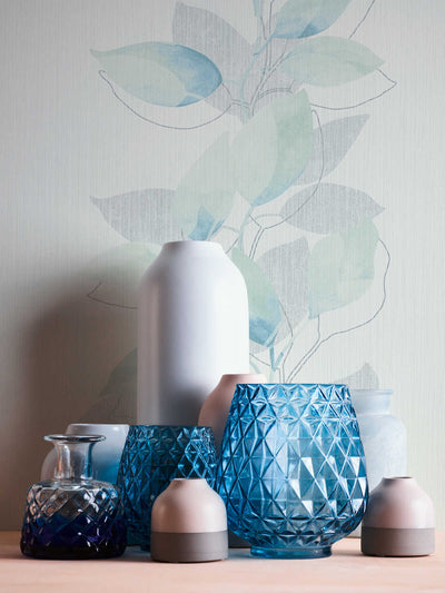 Tapetes ar lapām un akvareļu rakstu - krēma, zila krāsā Tapetenshop.lv