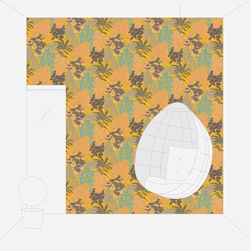 Tapetes ar lapām uz koši dzeltena fona, 1374163 AS Creation