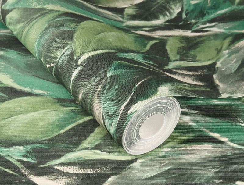 Tapetes ar lapām uz teksturēta virmas: tumši zaļā krāsā, RASCH, 2031401 RASCH