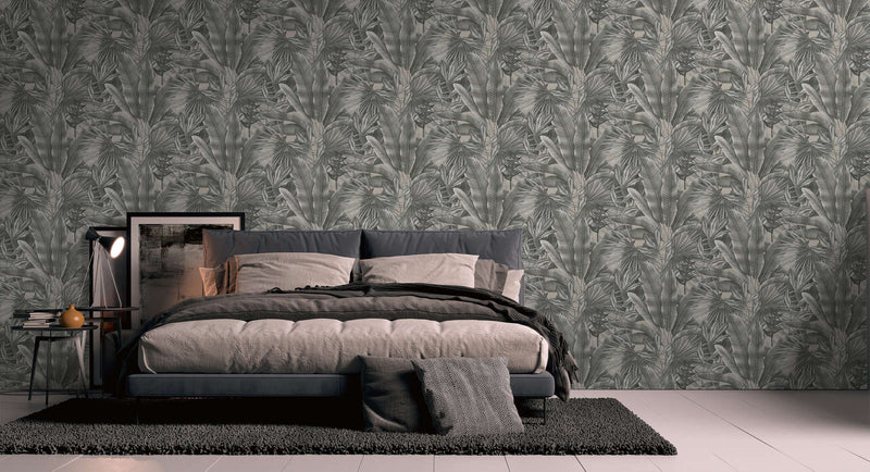 Wallpaper with jungle leaf pattern, grey, 1406271 AS Creation