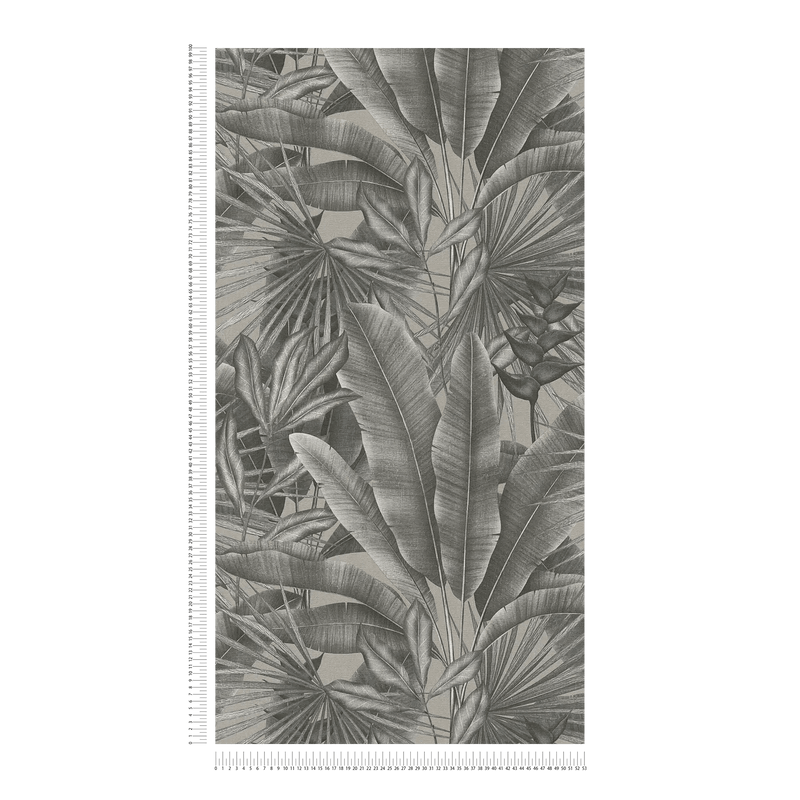 Tapetes viesistabai ar lapu rakstu džungļu stilā, pelēkā krāsā, 396473 AS Creation