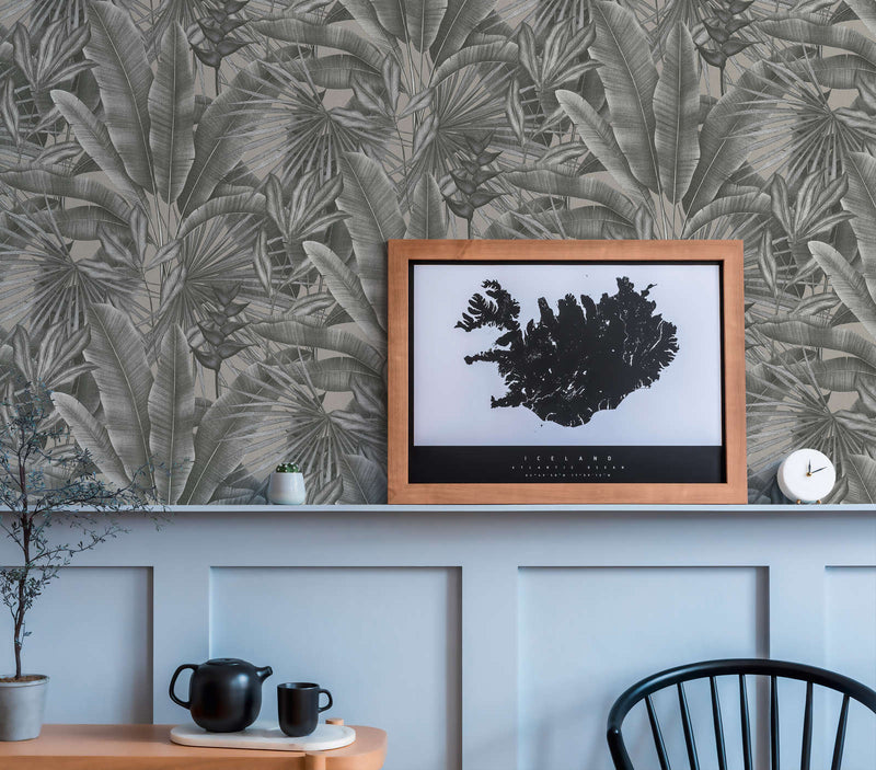Wallpaper with jungle leaf pattern, grey, 1406271 AS Creation