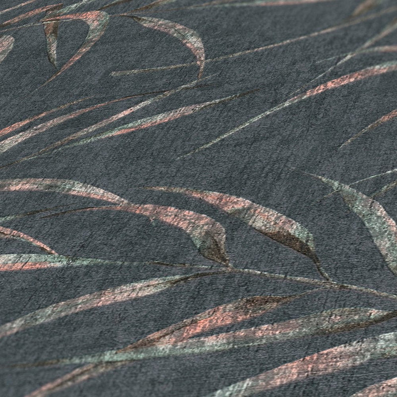 Tapetes ar lapu rakstu un lina struktūru - melnā krāsā AS Creation