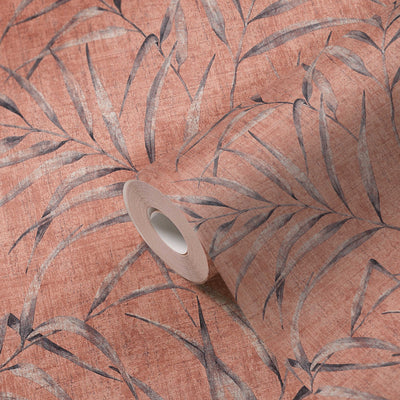 Tapetes ar lapu rakstu un lina struktūru - rozā krāsā AS Creation
