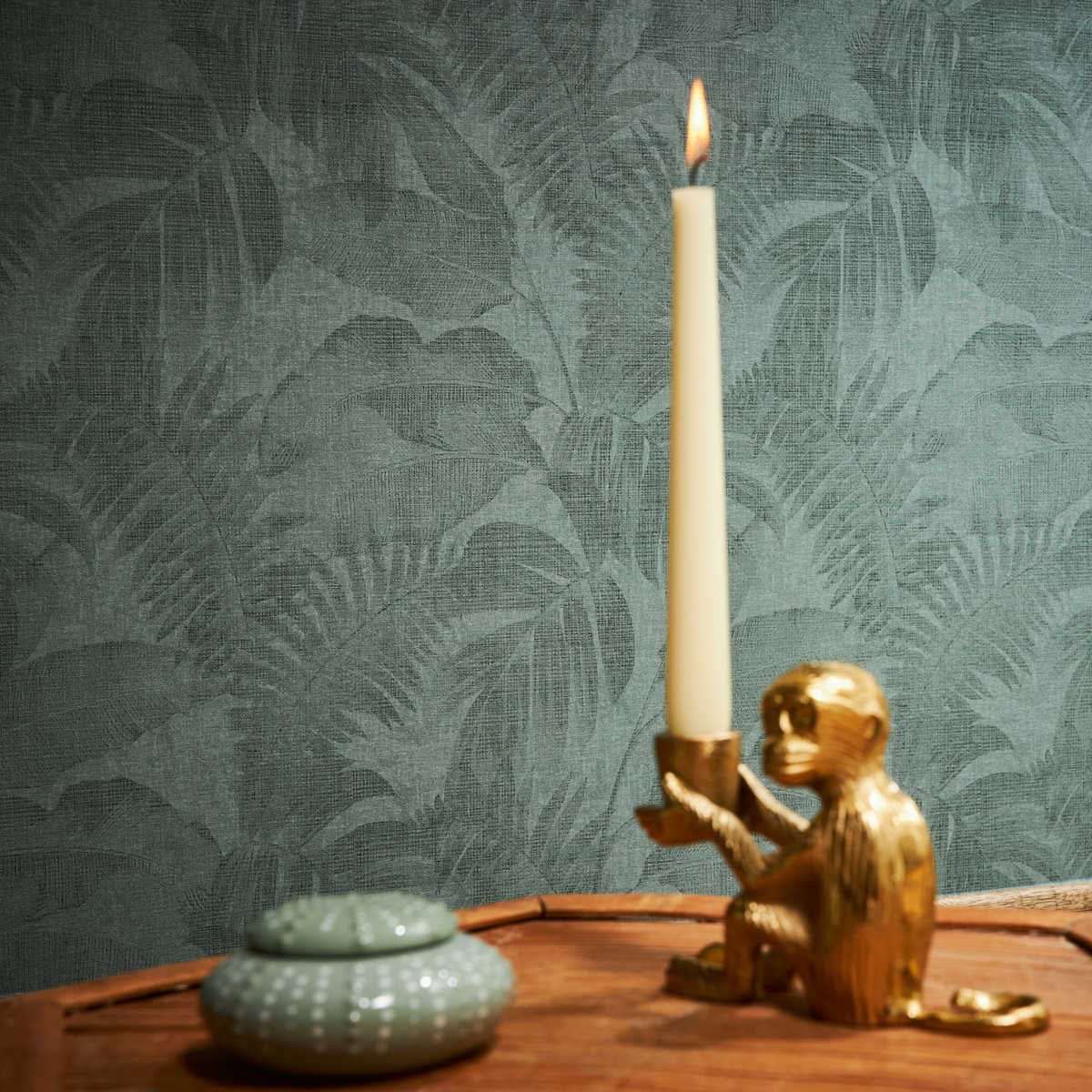 Tapetes ar linu izskatu, Boho džungļu motīvi - zaļā krāsā AS 373963 AS Creation