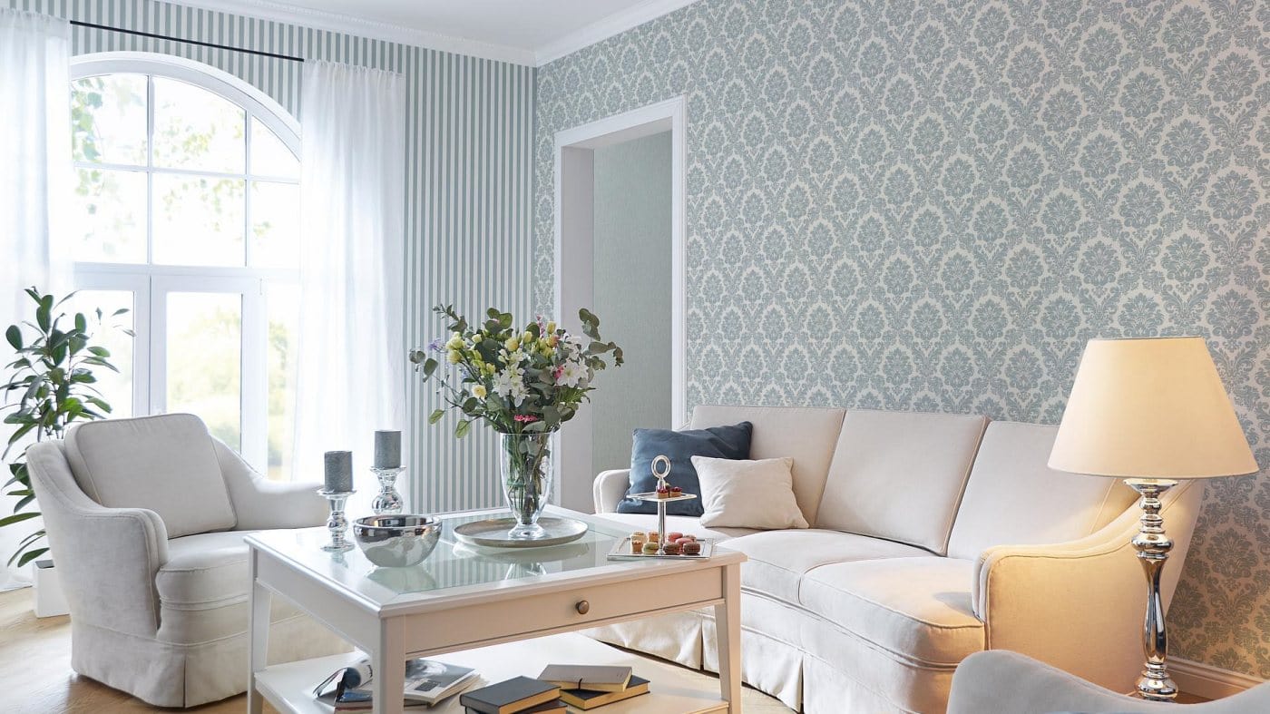 Tapetes ar ornamentu baroka stilā: zila, balta, RASCH, 570533 RASCH