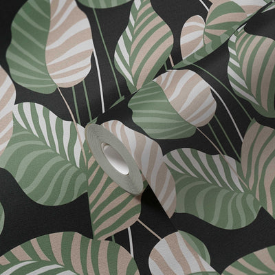 Tapetes ar palmu lapām ar vieglu spīdumu, zaļa, melna, 1373436 AS Creation
