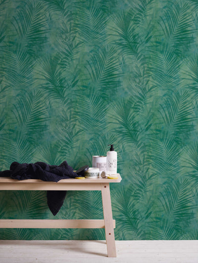 Tapetes ar palmu lapām tumši zaļā krāsā, matētas,1332540 AS Creation