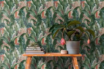 Tapetes ar palmu lapām un eksotiskiem ziediem, zaļā, rozā, 1402161 AS Creation