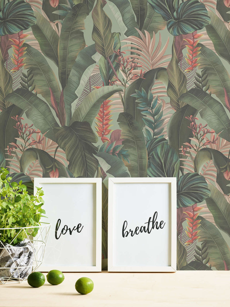 Tapetes ar palmu lapām un eksotiskiem ziediem, zaļā, rozā, 1402161 AS Creation