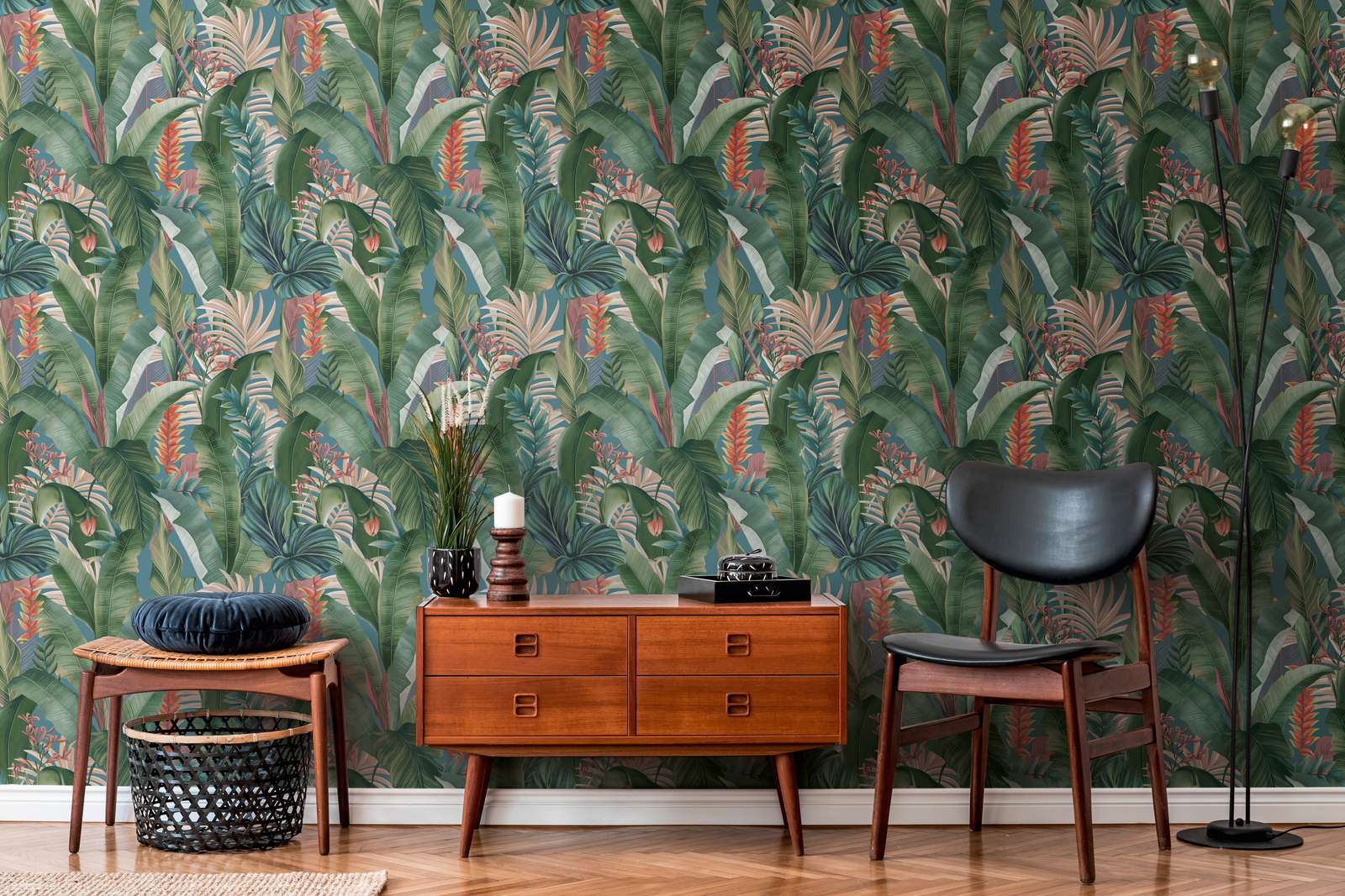 Tapetes ar palmu lapām un eksotiskiem ziediem, zaļā, zilā, 394352 AS Creation