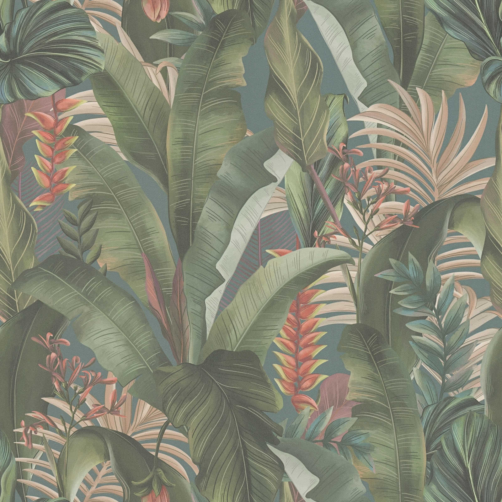Tapetes ar palmu lapām un eksotiskiem ziediem, zaļā, zilā, 394352 AS Creation