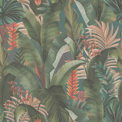 Tapetes ar palmu lapām un eksotiskiem ziediem, zaļā, zilā, 394352 AS Creation