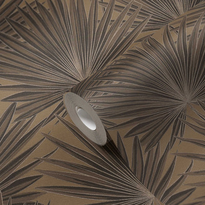 Tapetes ar palmu lapām un spīdīgu efektu, brūna, melna, 1373370 AS Creation