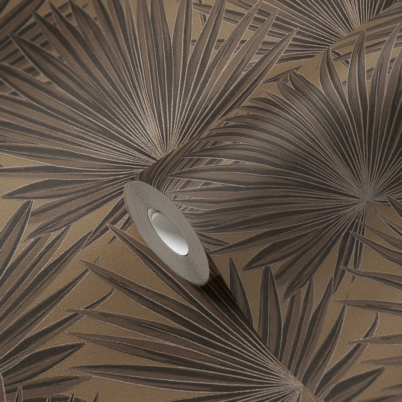Tapetes ar palmu lapām un spīdīgu efektu, brūna, melna, 1373370 AS Creation