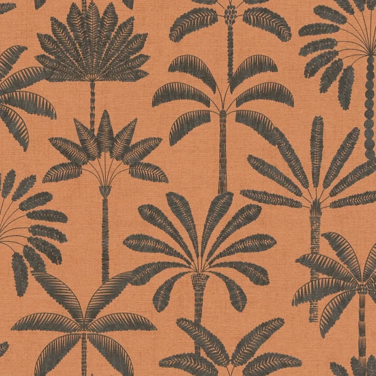 Tuvplāns: bēšas un oranžas tapetes ar palmu lapām un izteiksmīgu faktūru. SKU: 3012121, AS Creation.