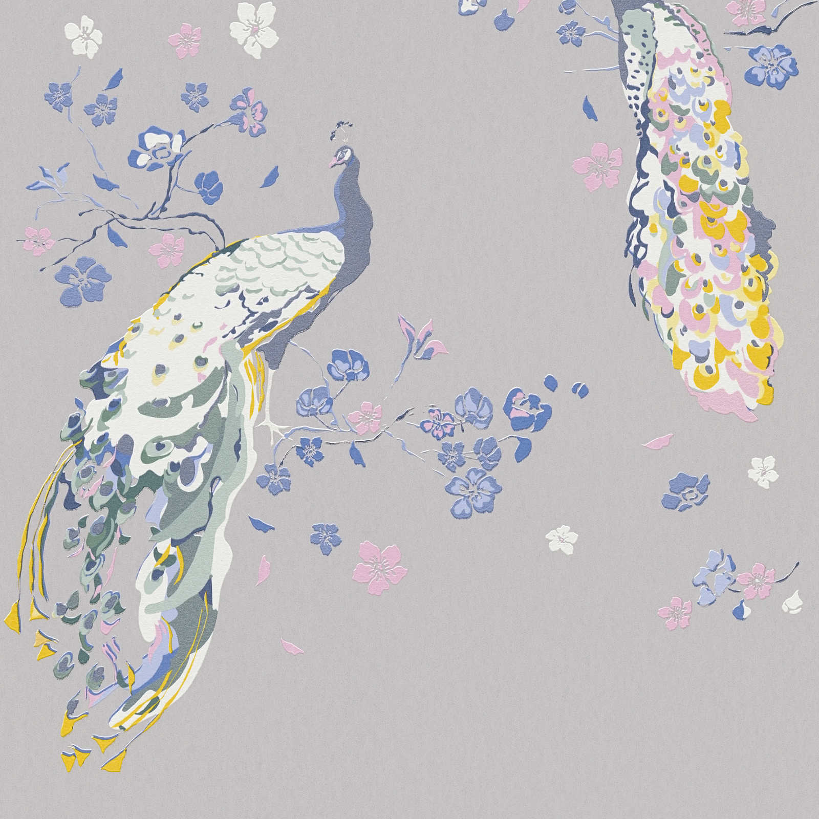 Tapetes ar pāviem, strukturētas un ar nelielu spīdumu, pelēkā, 389065 AS Creation