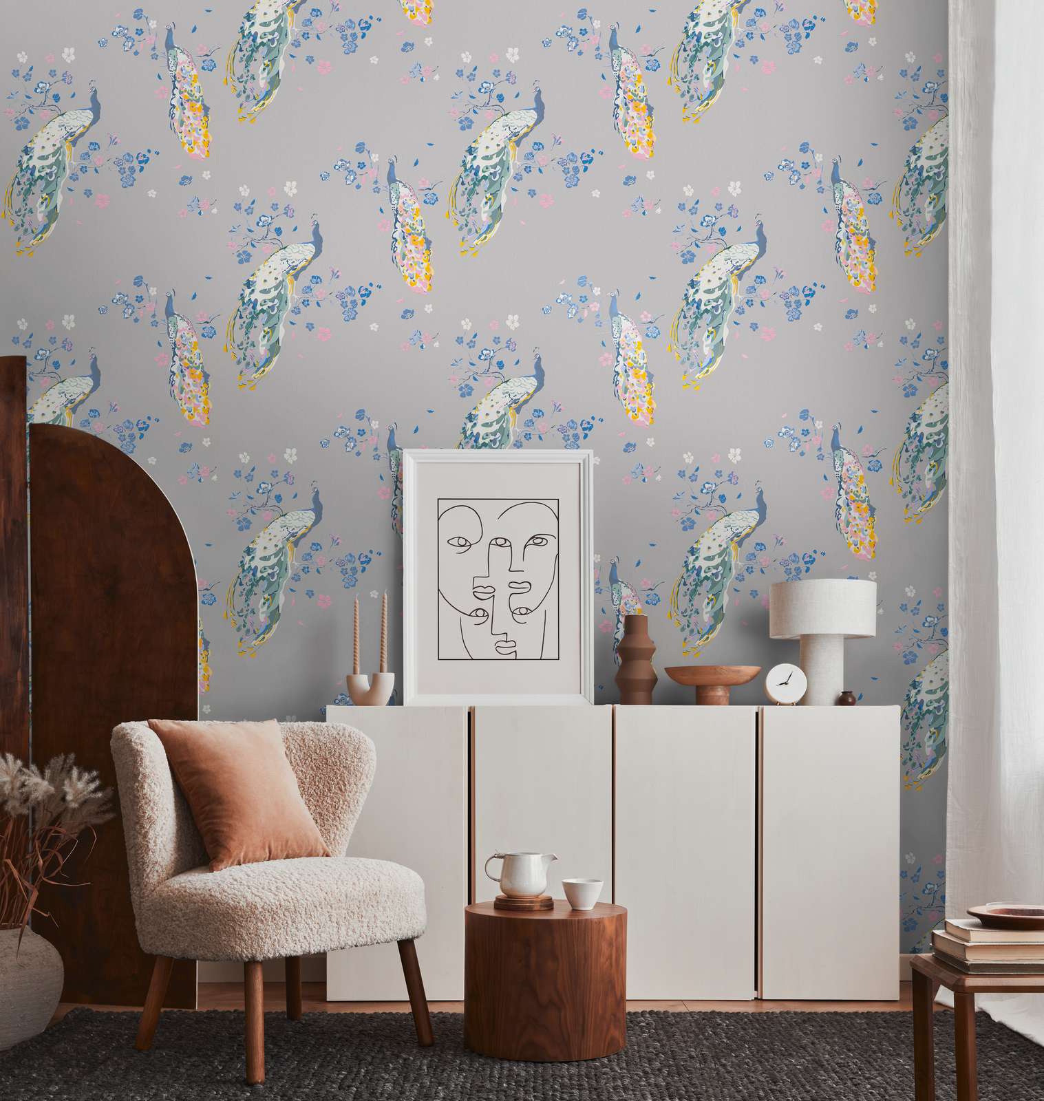 Tapetes ar pāviem, strukturētas un ar nelielu spīdumu, pelēkā, 389065 AS Creation