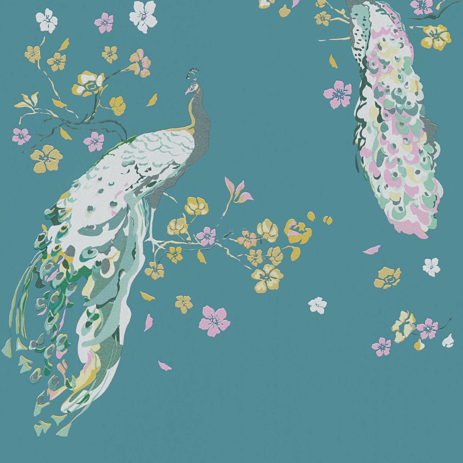 Tapetes ar pāviem, strukturētas un ar nelielu spīdumu, tirkīzā, 389062 AS Creation