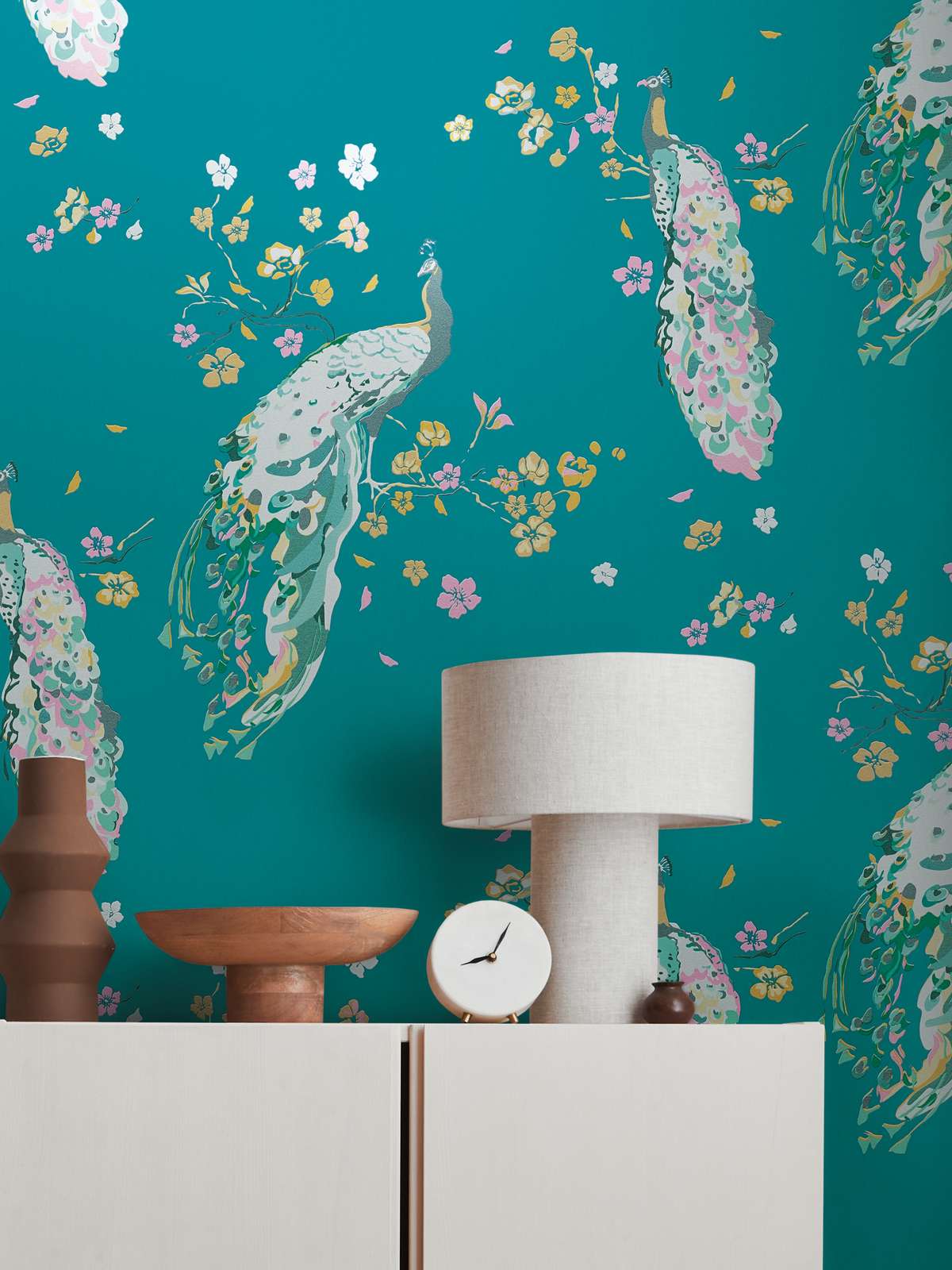 Tapetes ar pāviem, strukturētas un ar nelielu spīdumu, tirkīzā, 389062 AS Creation
