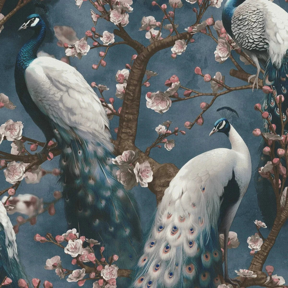Tapetes ar pāviem zilos toņos, tekstila faktūra – piemērs interjerā Erismann