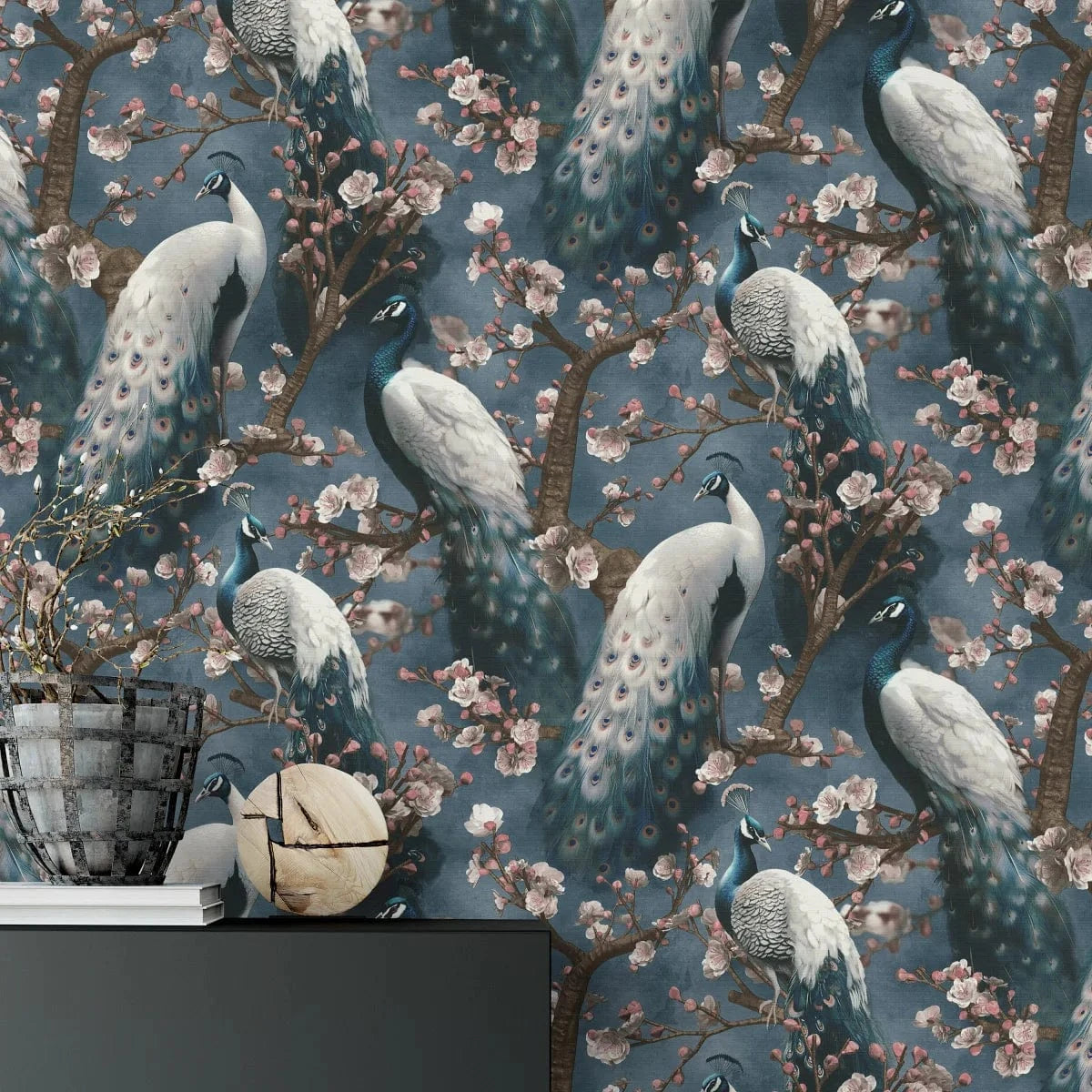 Tapetes ar pāviem zilos toņos, tekstila faktūra – piemērs interjerā Erismann