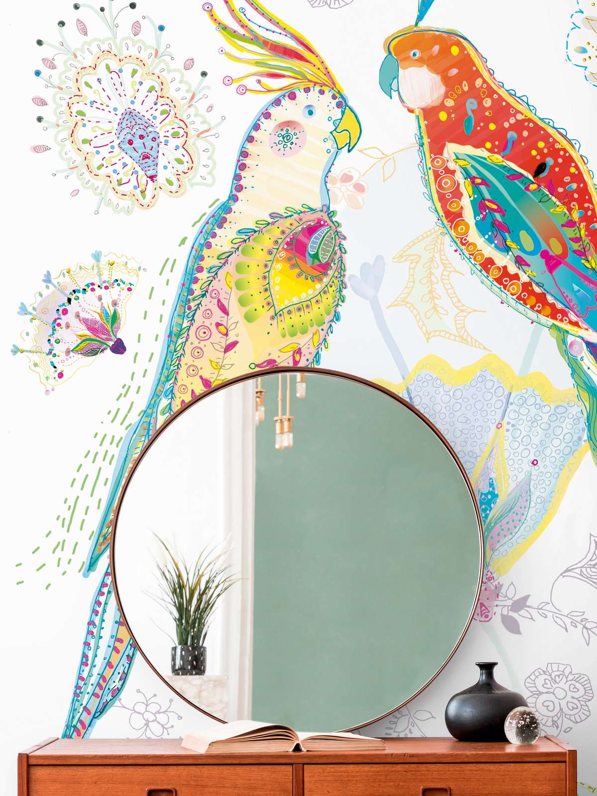 Tapetes ar košiem papagaiļiem un ziediem, 389111, 1.59 m x 2.80 m AS Creation