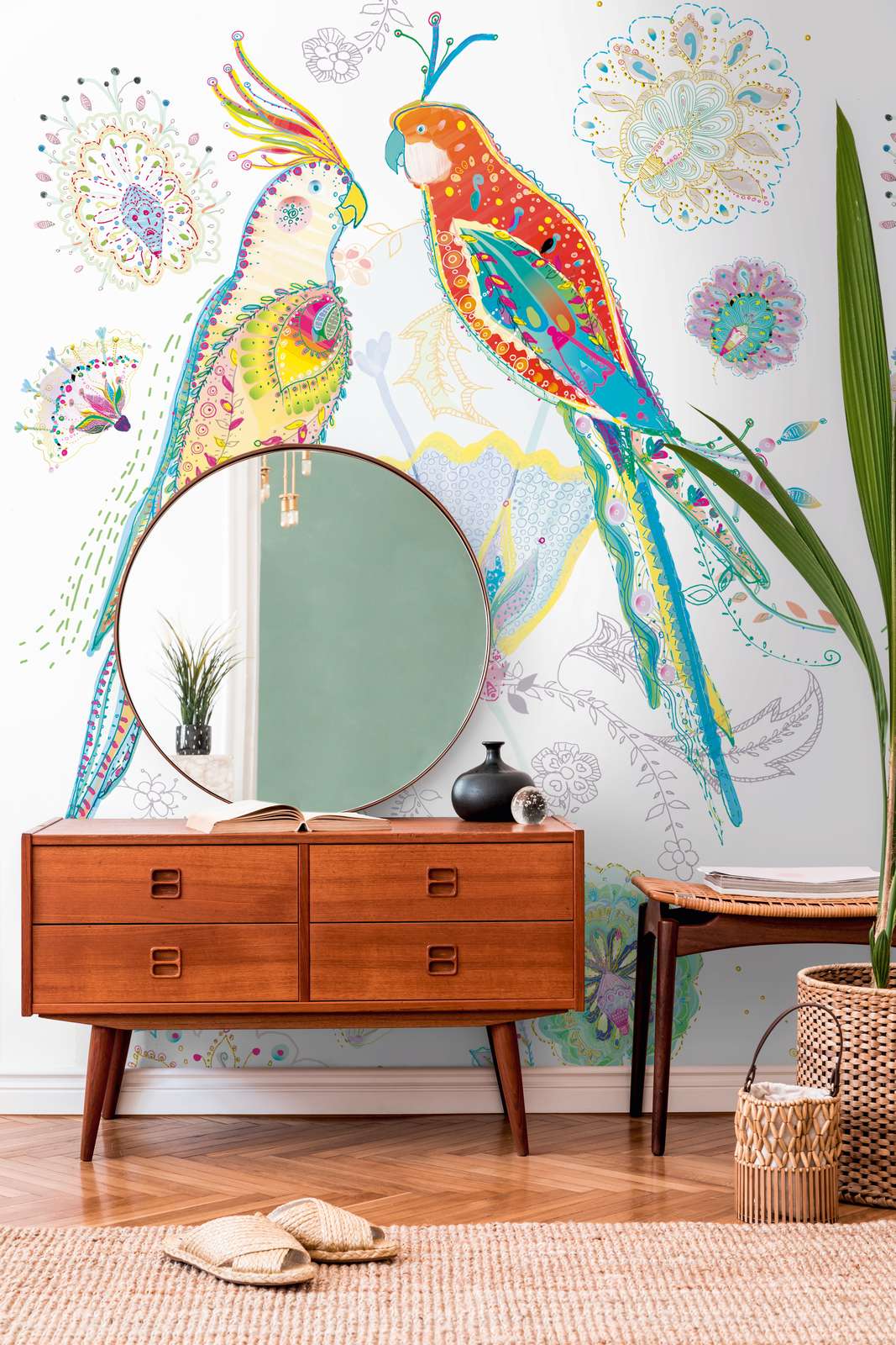 Tapetes ar košiem papagaiļiem un ziediem, 389111, 1.59 m x 2.80 m AS Creation