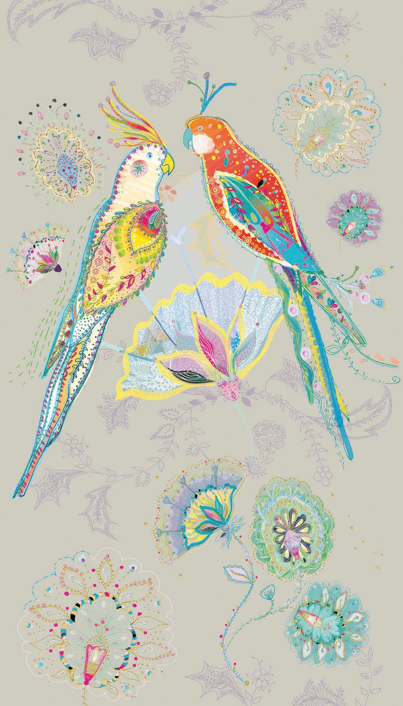 Tapetes ar putnu motīvu un ziediem uz pelēka fona, 1367770, 1.59 m x 2.80 m (raksts) AS Creation