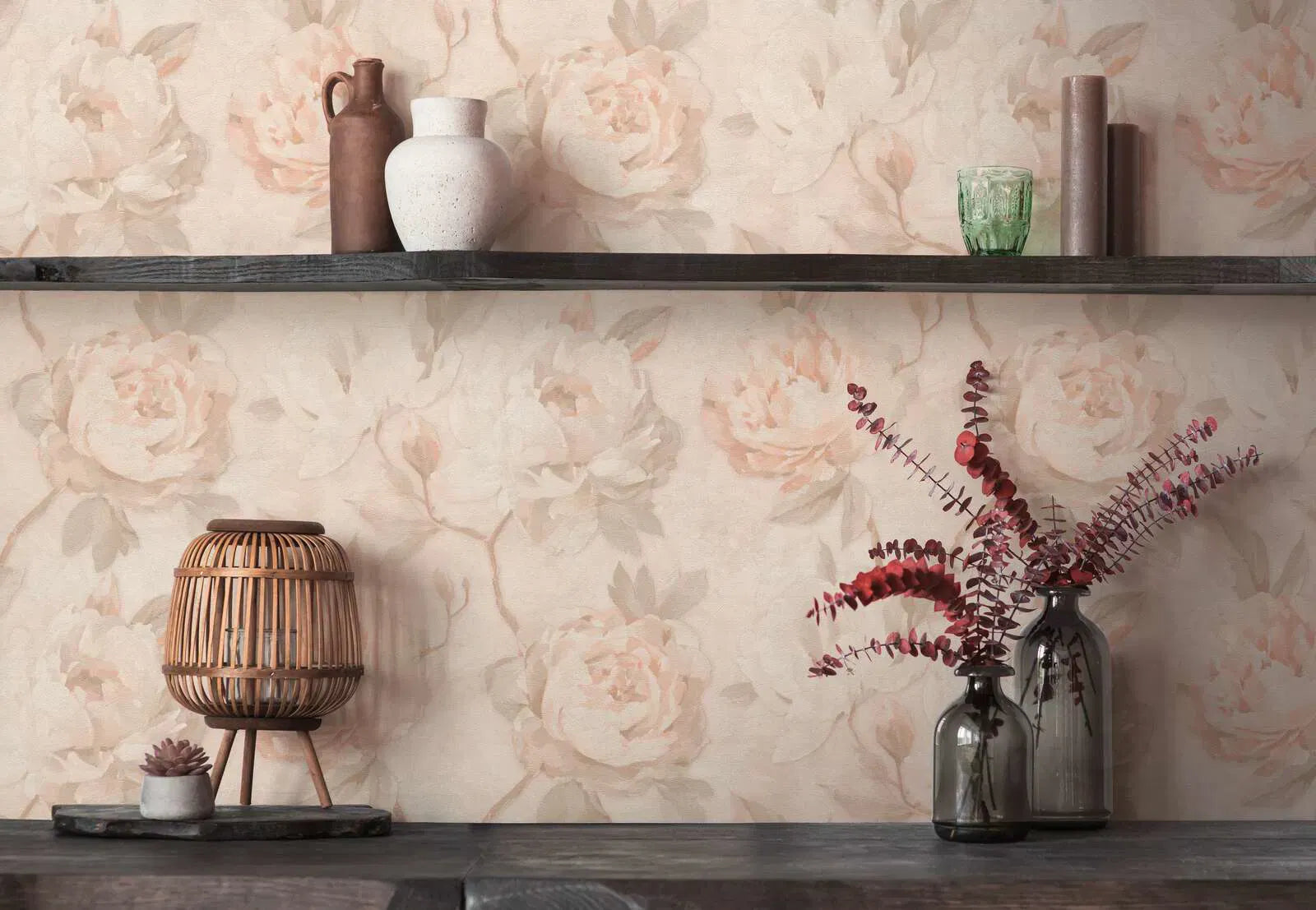 Wallpaper with romantic flowers in shades of cream and pink for a cosy living room. SKU: 3012170, AS Creation.