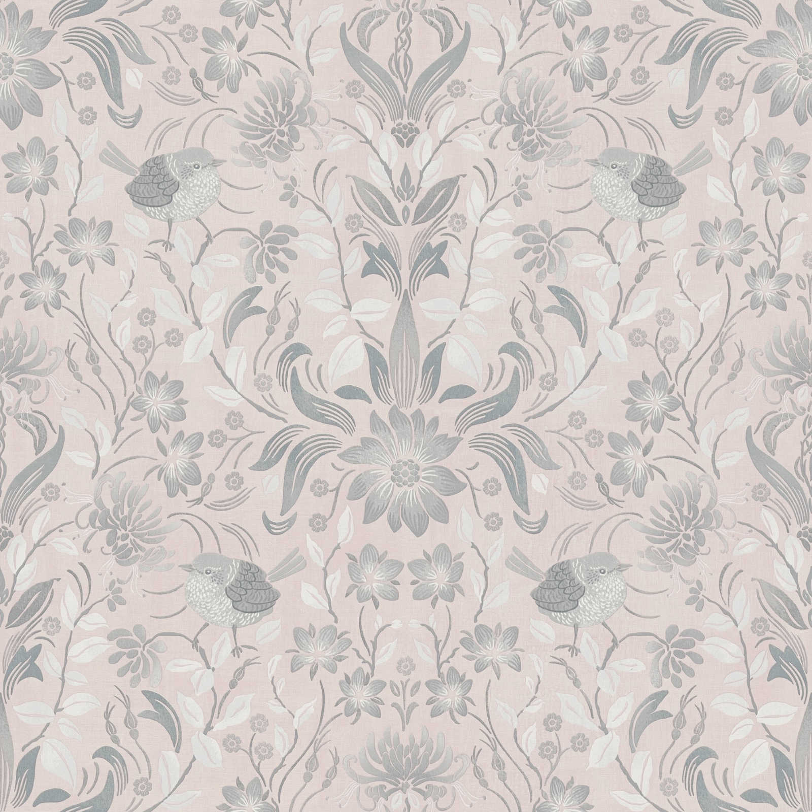 Tapetes ar rotaļīgu ziedu ar putnu rakstu: rozā, pelēkā krāsā, 390752 AS Creation