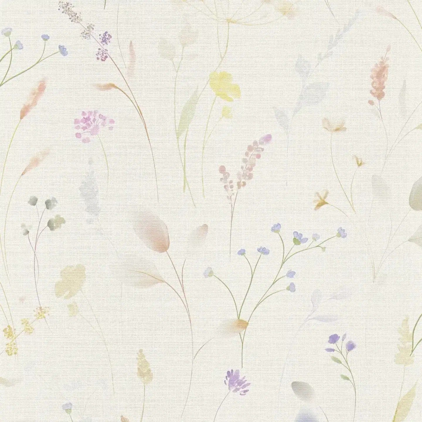 Baltu un zaļu tapešu tuvplāns ar pļavas ziediem un reljefu virsmu. SKU: 3012225, AS Creation.