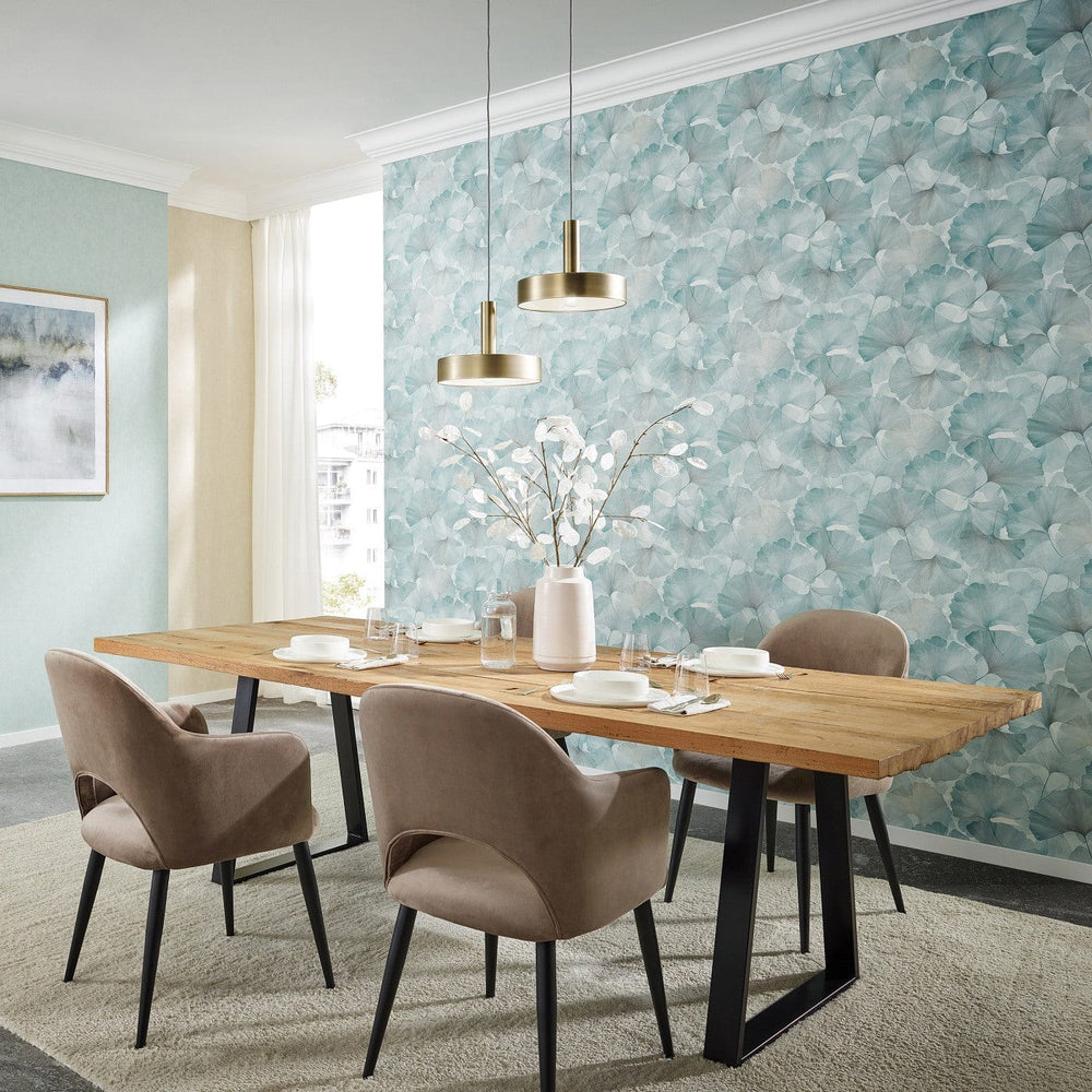 ERISMANN tapetes 3774752: Ginkgo lapas, tirkīza Erismann