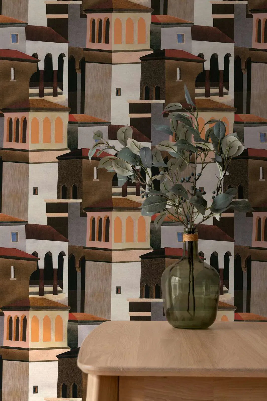 Brown matt wallpaper with a stylised city motif in a classic living room interior. SKU: 3012477, AS Creation.