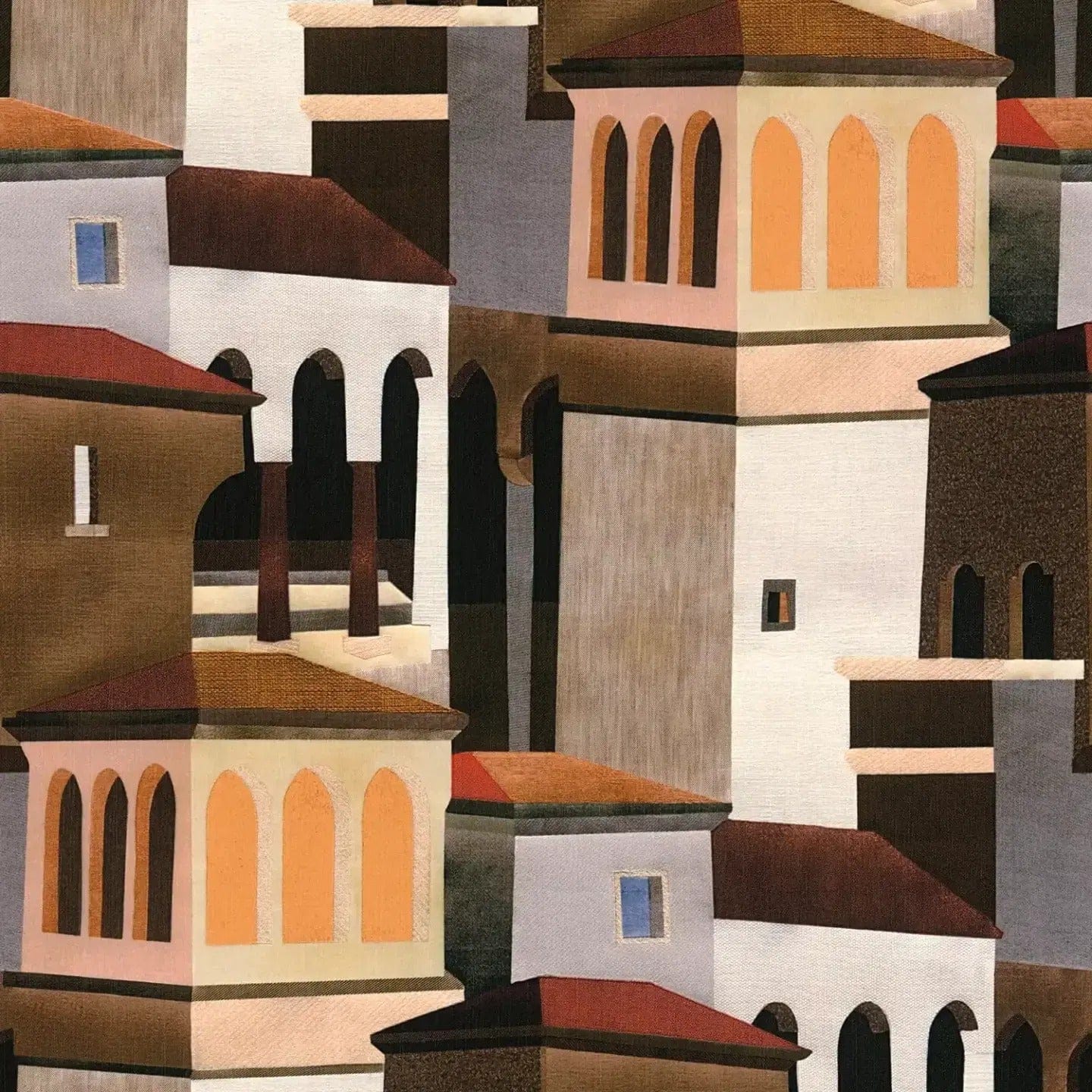 Close-up: brown matt wallpaper with a stylised city motif nearby. SKU: 3012477, AS Creation.